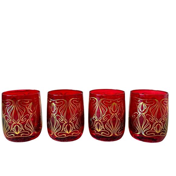Neiman Marcus Holiday Red Gold Double Old Fashion Glass Tumbler Gift Set of 4 - Picture 1 of 15
